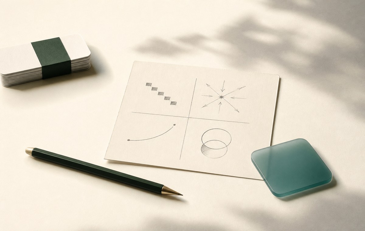 An original closing still life showing a sketched product grid, pencil, index cards, and a translucent blue design swatch